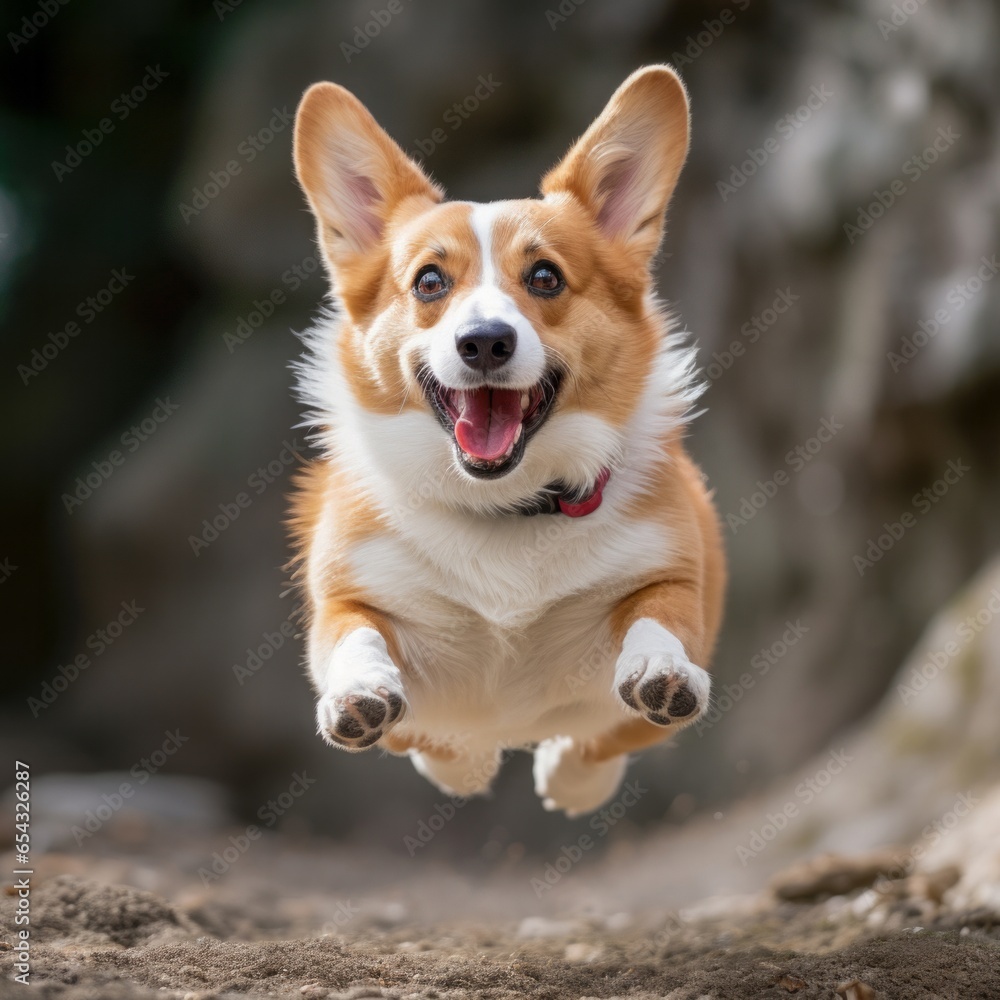 Happy dog corgi jumps and flies to the camera. 