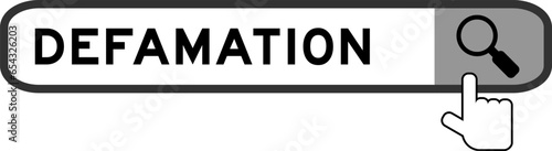 Search banner in word defamation with hand over magnifier icon on white background