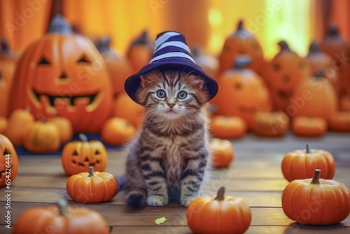 A festive kitten at a Halloween party surrounded by pumpkin lanterns.