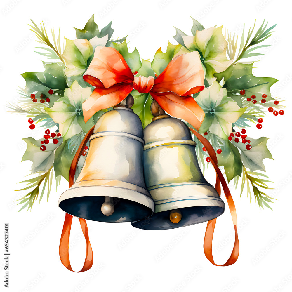 Christmas bell watercolor design with transparent background, PNG illustration - obrazy, fototapety, plakaty 