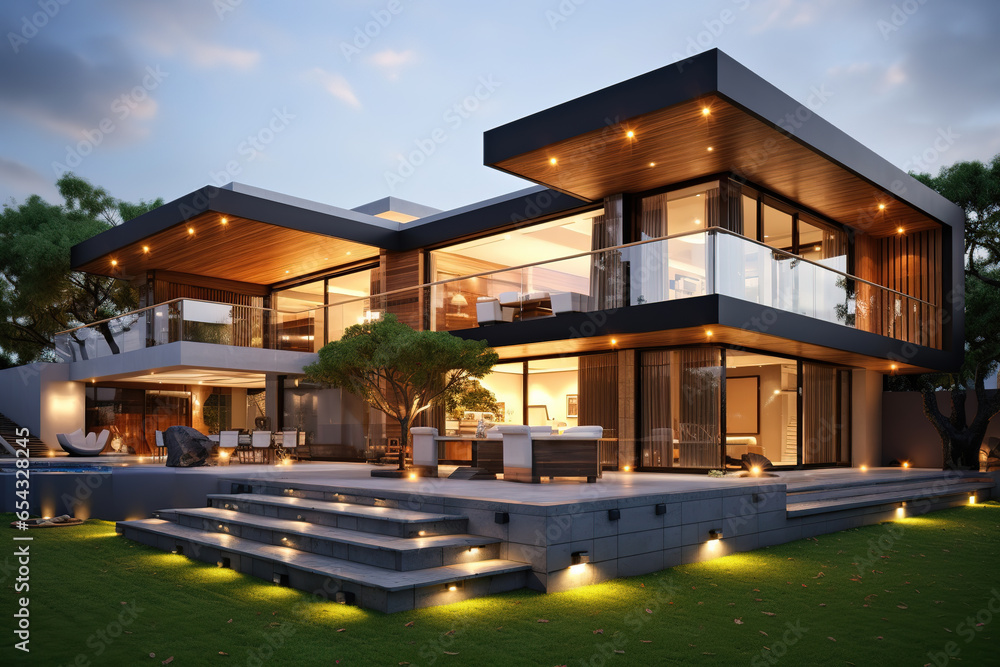 View of luxurious modern house exterior with dining space and garden - obrazy, fototapety, plakaty 