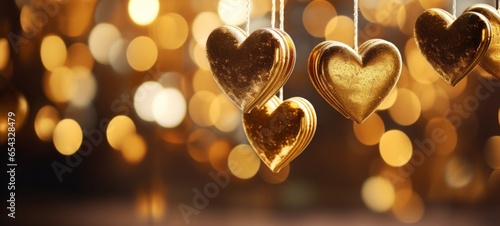 Festive christmas xmas advent valentine celebration concept greeting card - Golden hanging hearts on string with gold defocused bokeh lights in the background
