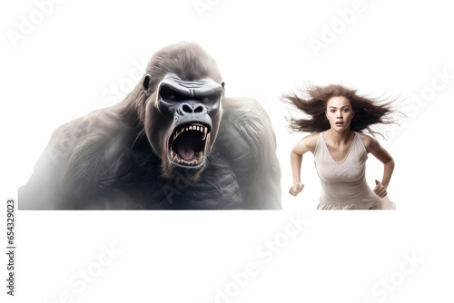 woman running from king kong isolated on white