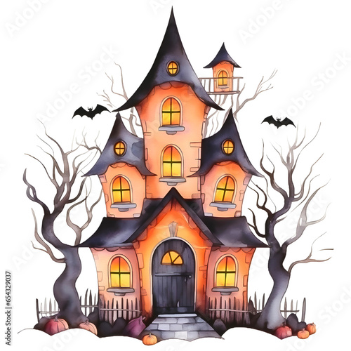Haunted house watercolor design with transparent background, PNG illustration