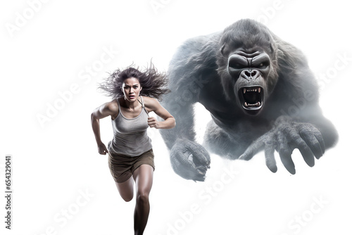 woman running from king kong isolated on white photo
