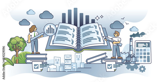 Carbon accounting and CO2 emissions level calculations outline concept. Manufacturing company monitoring its dioxide impact on climate and nature with greenhouse gases pollution vector illustration.