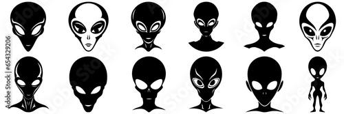 Alien silhouettes set, large pack of vector silhouette design, isolated white background