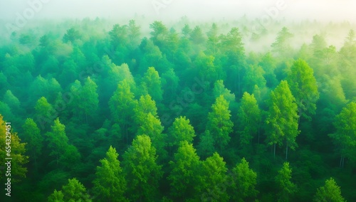 Foggy morning in the forest. Photo from above on the forest with green trees. 