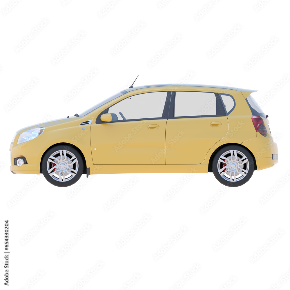 Realistic subcompact car on isolated transparency background, side view of car