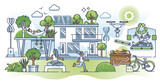 Green urban infrastructure and sustainable living community outline concept. Environmental society with healthy residential area vector illustration. Alternative energy and effective waste management