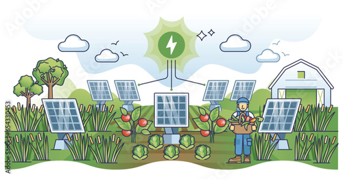 Agrivoltaics system for solar panels power and agriculture outline concept. Ecological combination of crops growth or gardening and sustainable, renewable electricity production vector illustration.