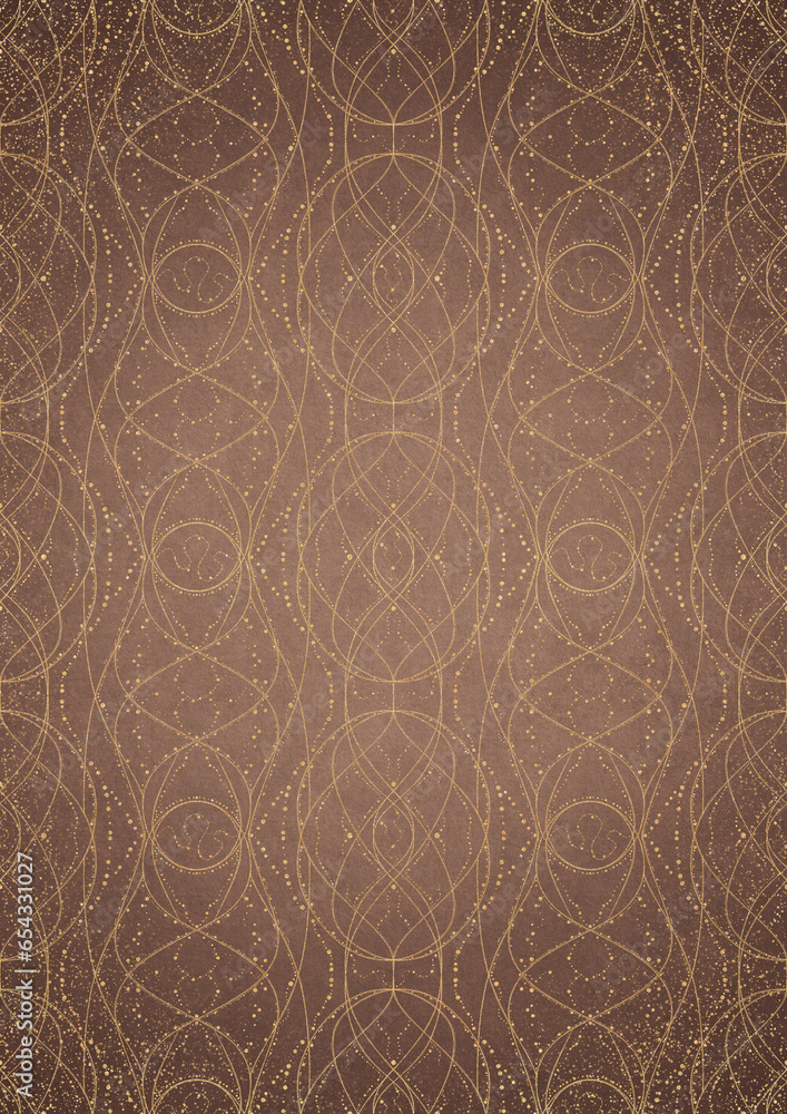 Hand-drawn unique abstract gold ornament on a light brown background, with vignette of darker background color and splatters of golden glitter. Paper texture. Digital artwork, A4. (pattern: p10-2e) Hand-drawn unique abstract gold ornament on a light brown background, with vignette of darker background color and splatters of golden glitter. Paper texture. Digital artwork, A4. (pattern: p10-2e)