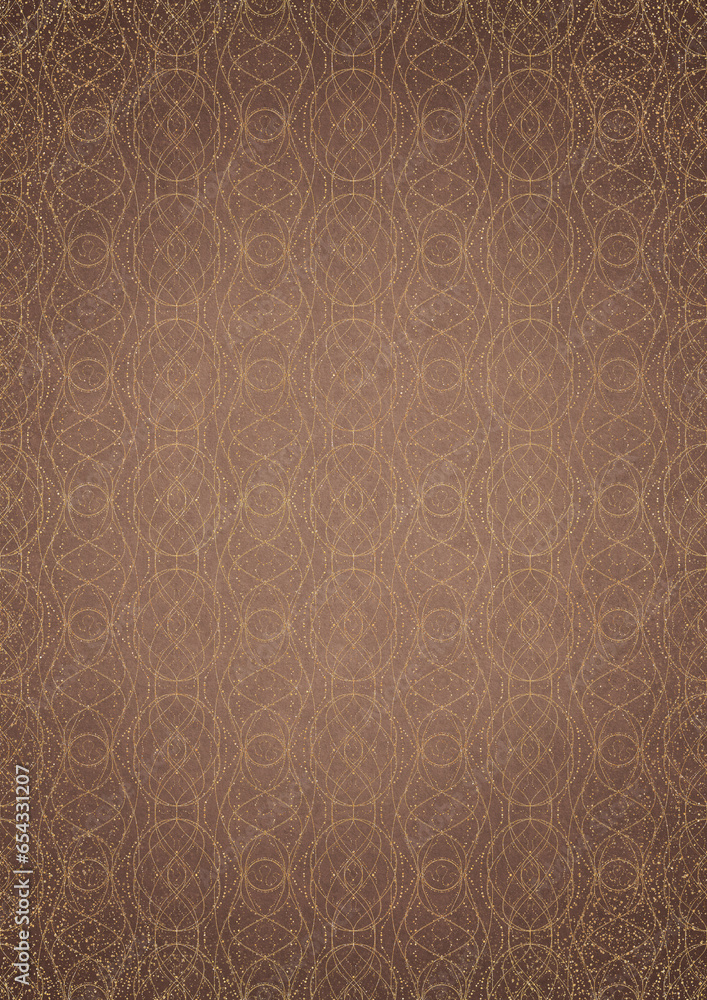 Hand-drawn unique abstract gold ornament on a light brown background, with vignette of darker background color and splatters of golden glitter. Paper texture. Digital artwork, A4. (pattern: p10-2f) Hand-drawn unique abstract gold ornament on a light brown background, with vignette of darker background color and splatters of golden glitter. Paper texture. Digital artwork, A4. (pattern: p10-2f)