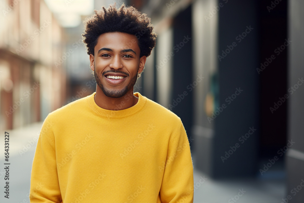 Fototapeta premium Portrait made with generative AI of a handsome cheerful stylish guy walking in the city