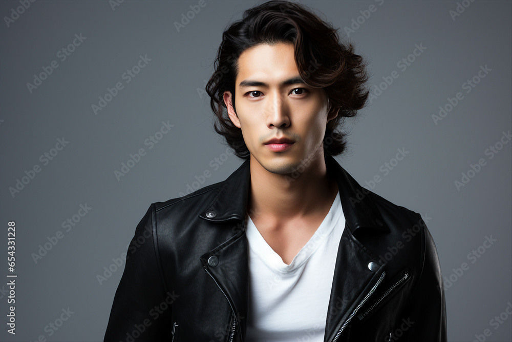 Fototapeta premium Photo generative AI image of a handsome model with healthy skin and hair isolated on grey white background