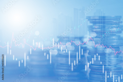 Double exposure of coins and city background for finance and banking concept. investment, valuable asset to gain wealth profit,  asset management.