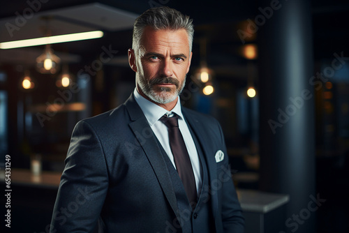 AI generated photo image of handsome confident virile man working as boss of a big international company