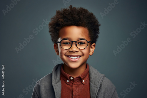 Portrait made with generative AI of a cute cheerful smiling small boy isolated on dark grey background