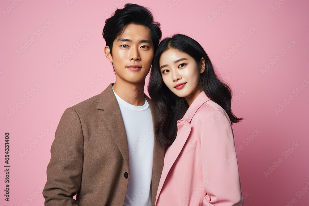 Image generative AI picture of young beautiful sweet couple photographing on pink background Image generative AI picture of young beautiful sweet couple photographing on pink background