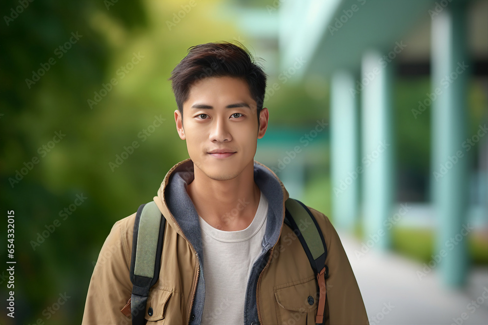 Generative AI image of young asian handsome man with backpack walking park in the city Generative AI image of young asian handsome man with backpack walking park in the city