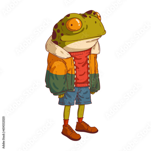 Frog man, isolated vector illustration. A cartoon image of a toad in a warm jacket. A painted sticker with an image of an animal. Anthropomorphic frog on a white background. Animal character.
