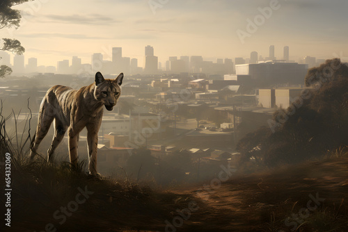 Thylacine stood on the outskirts of a city photo