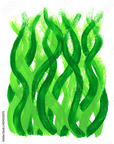 Wavy lines two shades of green from bottom to top. Abstract spring green grass or seaweed concept. Bright green paint brushstrokes, artistic vertical background isolated on white.