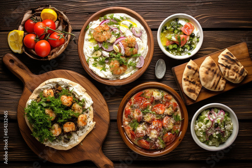 Selection of traditional greek food - salad, meze, pie, fish, tzatziki, dolma on wood background, top view © arhendrix