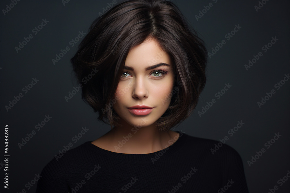 Generative AI picture of beautiful woman fashion model black hairstyle blue eyes - obrazy, fototapety, plakaty 