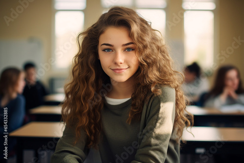 Generative AI portrait of a beautiful happy girl high school student graduate in sunny classroom