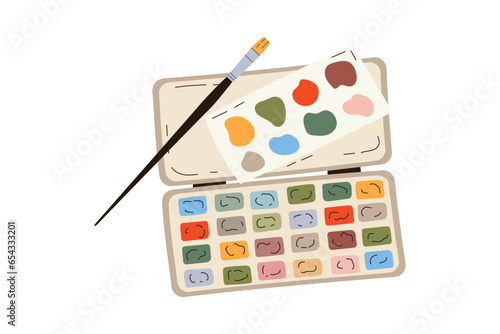 Watercolor paints box and drawing brush. Watercolour palette and paintbrush. Water colour pallette case with different dyes for artist. Colored flat vector illustration isolated on white background