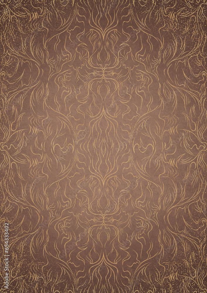 Hand-drawn unique abstract gold ornament on a light brown background, with vignette of darker background color and splatters of golden glitter. Paper texture. Digital artwork, A4. (pattern: p11-1d) Hand-drawn unique abstract gold ornament on a light brown background, with vignette of darker background color and splatters of golden glitter. Paper texture. Digital artwork, A4. (pattern: p11-1d)