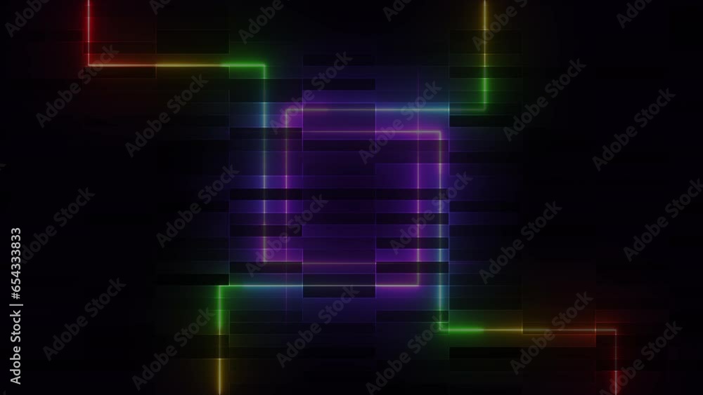 Colorful neon glowing lines on dark background with grid pattern. Seamless loop Colorful neon glowing lines on dark background with grid pattern. Seamless loop