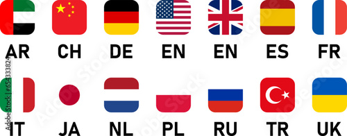 Soft Square Icon Set of UAE United Arab Emirates China Germany USA United States of America UK United Kingdom Spain France Italy Japan Netherlands Poland Russia Turkey Ukraine Flags. Vector Image.