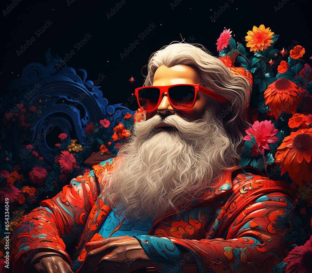 santa claus and poinsettia flowers, neon like retro wave environment, psychedelic