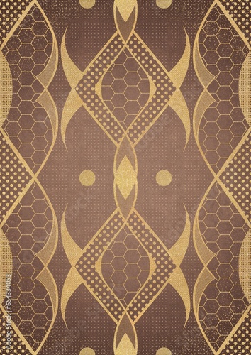 Hand-drawn unique abstract gold ornament on a light brown background, with vignette of darker background color and splatters of golden glitter. Paper texture. Digital artwork, A4. (pattern: p12d)