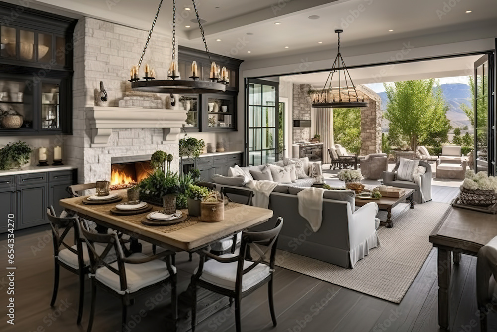 Open plan living room with white kitchen and pantry. Cozy patio with an outdoor fireplace