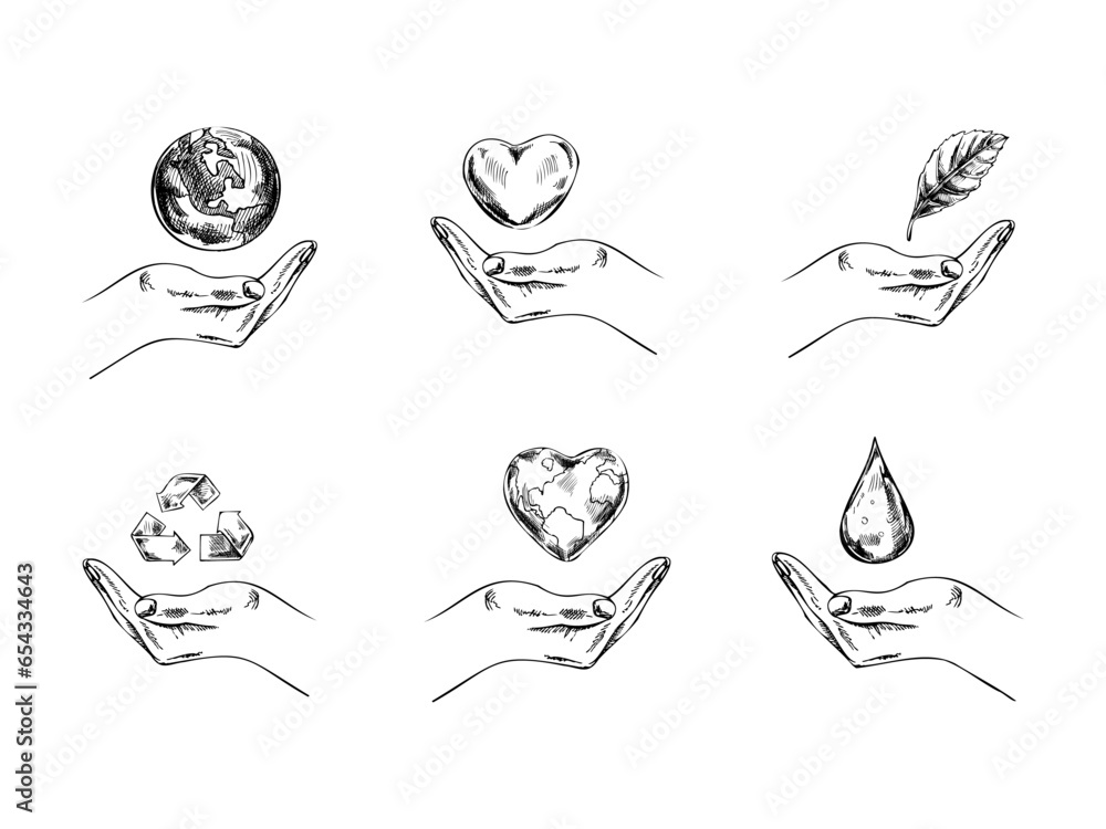 Hand-drawn sketches of Earth, heart, leaf, recycle symbol, drop of watr in hand. Hold world in hands. Carry earth, support concept. Doodle vector illustration. Vintage.