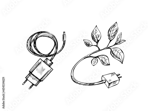 Hand-drawn black-and-white sketches of micro usb charger for smartphone  and leaf plug environment. Eco energy concept. Leaf Plug Environment. Doodle vector illustration. Vintage.