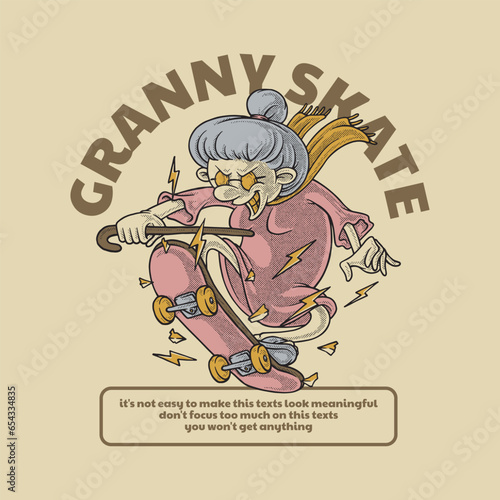 retro cartoon emblem of jumping granny with skateboard