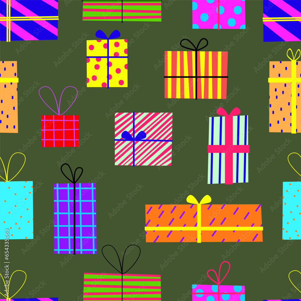 seamless apttern for celebrating. with gift boxes, presents, bows, ribbons. Rndless design on bright colored background