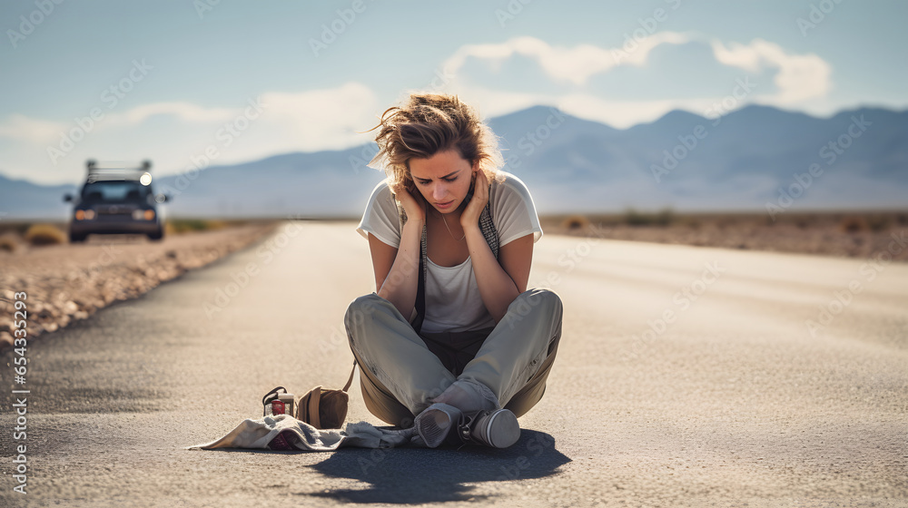 A young woman alone on a desert highway, struggling with worry and concern to change a flat tire, encapsulating a moment of unexpected challenge