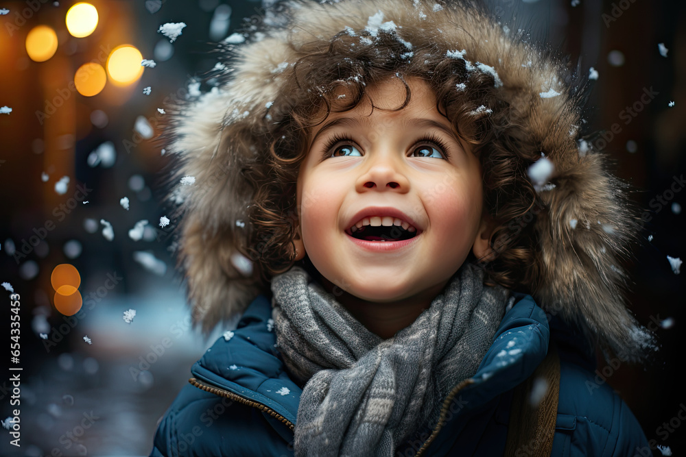 Boy is happy about the falling first snow Boy is happy about the falling first snow