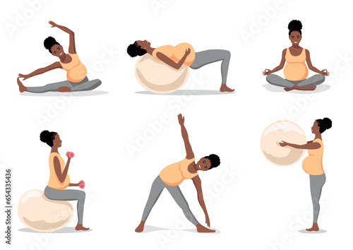 Cute beautiful pregnant woman is doing exercises with a fitball, stretching and relaxation. Sports during pregnancy. Set of vector illustrations.