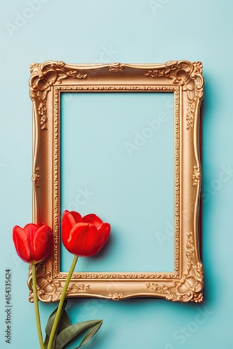 Blank golden frame with red tulips on pastel background. Add photo or design. Copy space. Generative Ai photo