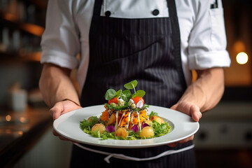 Modern food stylist decorating meal for presentation in restaurant. Closeup of food stylish. Restaurant serving. Close-up on the hand of a waiter carrying food