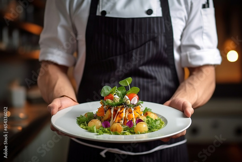 Fototapeta Naklejka Na Ścianę i Meble -  Modern food stylist decorating meal for presentation in restaurant. Closeup of food stylish. Restaurant serving. Close-up on the hand of a waiter carrying food