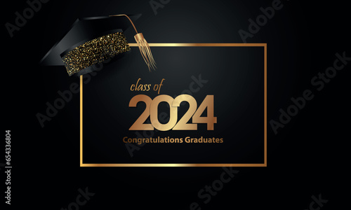 Congratulations on your graduation from school. Class of 2024. Graduation cap, confetti and balloons. Congratulatory banner. Academy of Education School of Learning