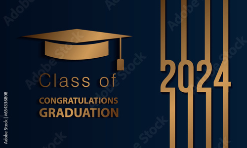 Congratulations on your graduation from school. Class of 2024. Graduation cap, confetti and balloons. Congratulatory banner. Academy of Education School of Learning