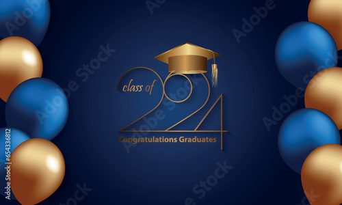 Congratulations on your graduation from school. Class of 2024. Graduation cap, confetti and balloons. Congratulatory banner. Academy of Education School of Learning